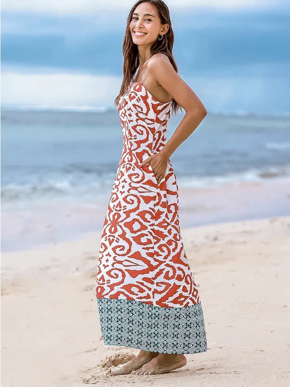 NWT - Cupshe Brown & White Ikat Print Maxi Dress with Pockets - Size Small